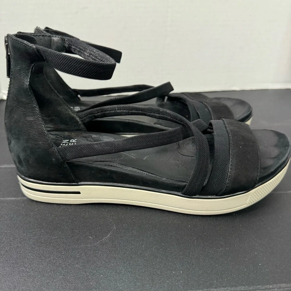 Eileen Fisher Sola Black Nubuck Criss Cross Ankle Strap Heel Zipper Sandals